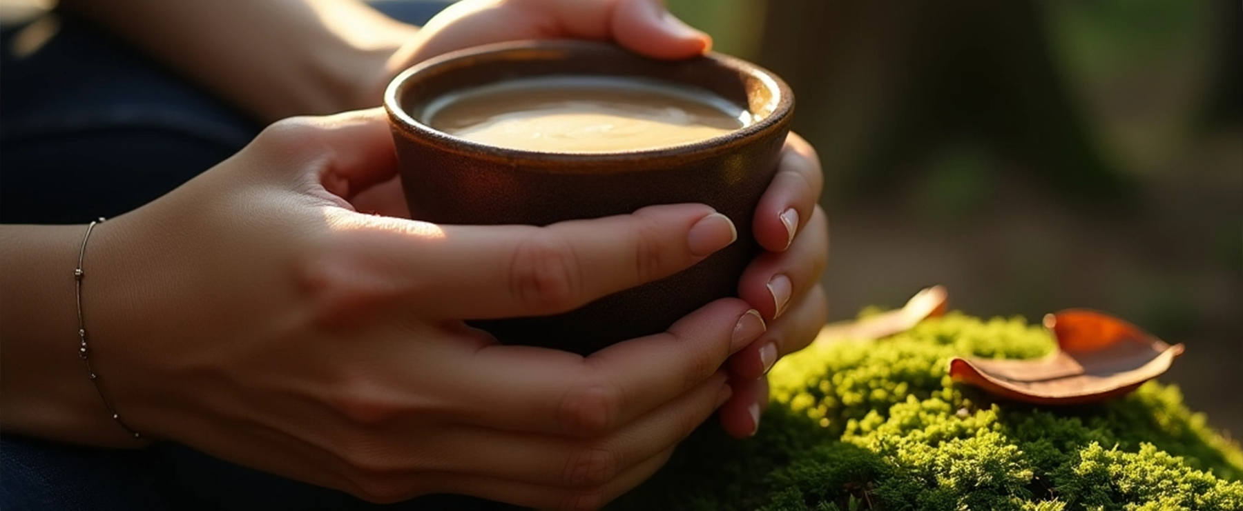 Hands holding a cup of coffee against a natural background with moss and leaves.
