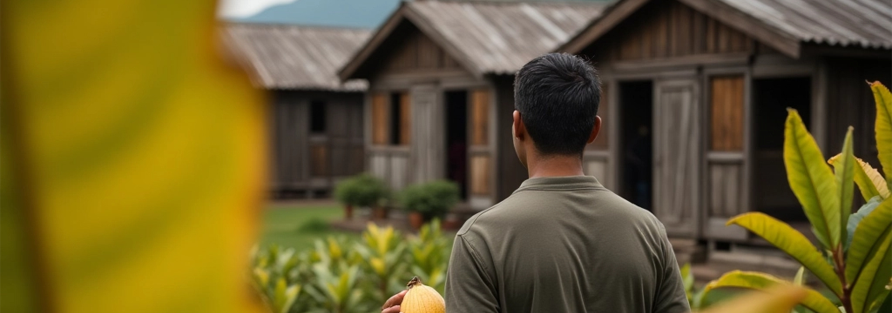 Man standing in front of wooden cabins with plants in the foreground