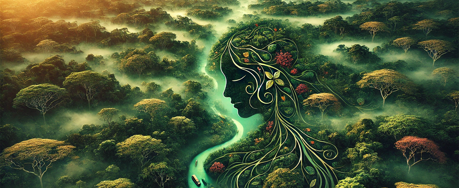 Artistic depiction of a woman's face with flowing hair made of leaves and plants, set against a misty forest background.