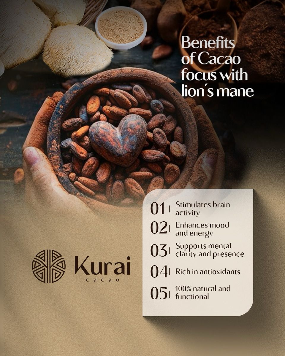Bowl of cacao beans with heart-shaped chocolate beside list of brain, mood and antioxidant benefits of Kurai cacao.
