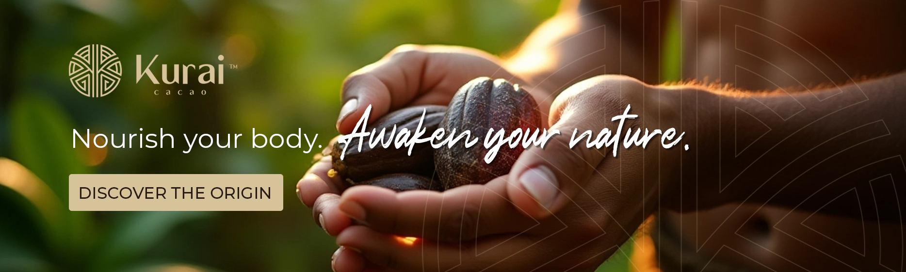 Person holding a shell with 'Kurai' branding and text about nourishing body and awakening nature.