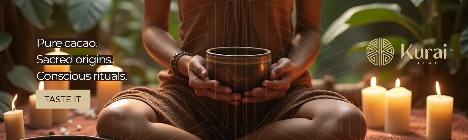 Person holding a bowl with candles and text about cacao and rituals, featuring the Kurai brand.