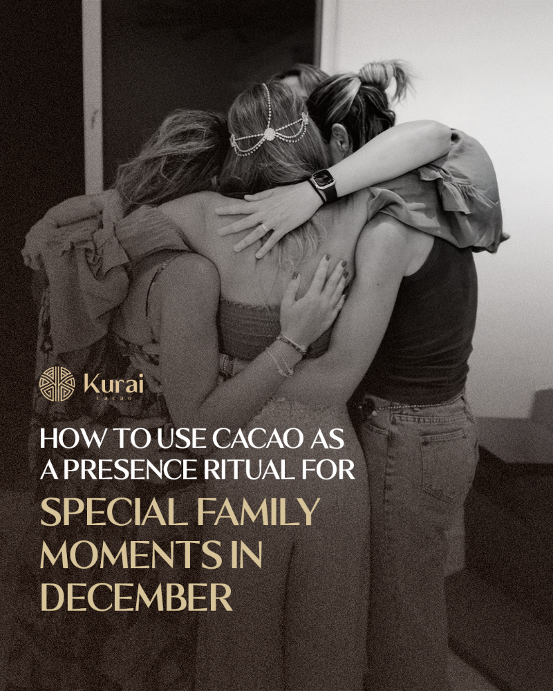 People hugging with text overlay about using cacao for special family moments in December.