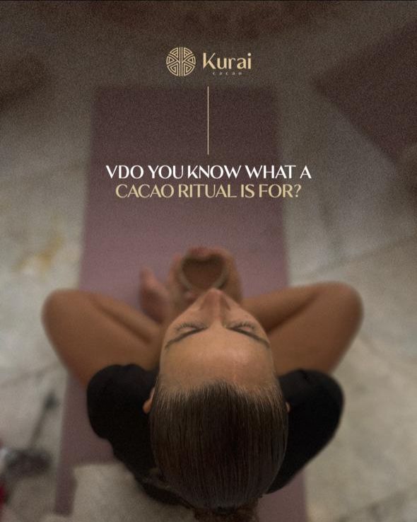 Person lying on a pink mat with 'Kurai' branding and text about a cacao ritual.