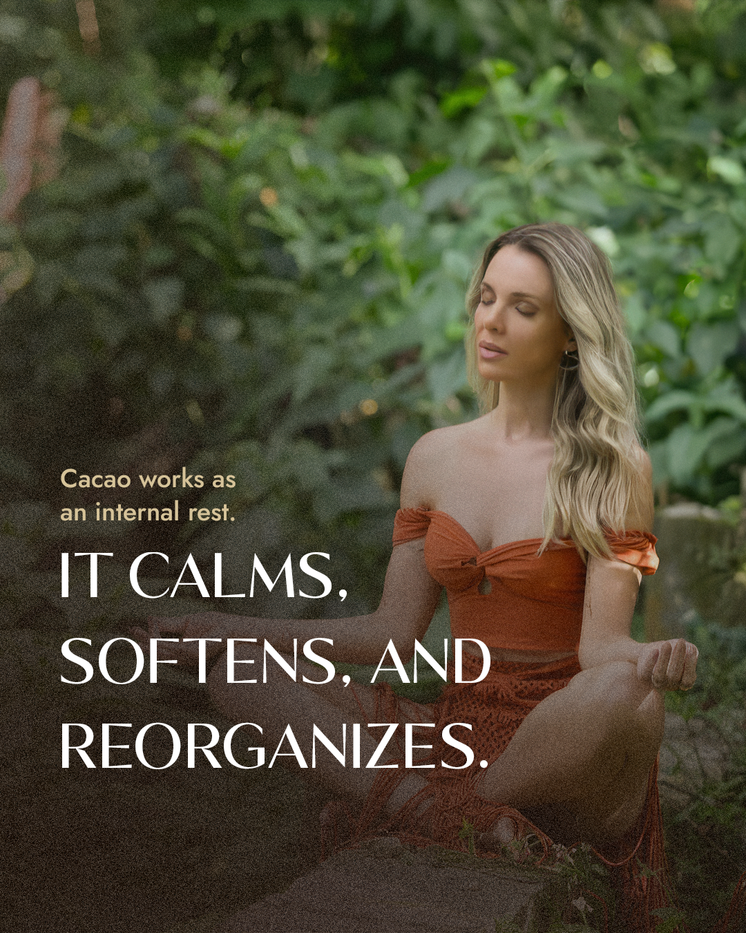 Woman in an orange dress sitting in a natural setting with text overlay.