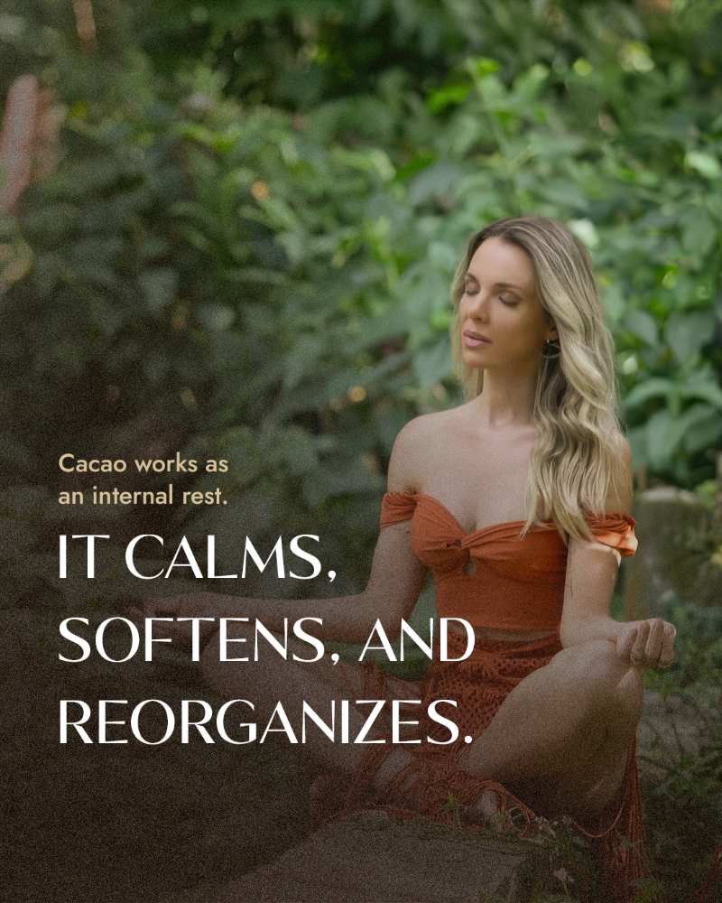 Woman in an orange dress sitting in a natural setting with text overlay.