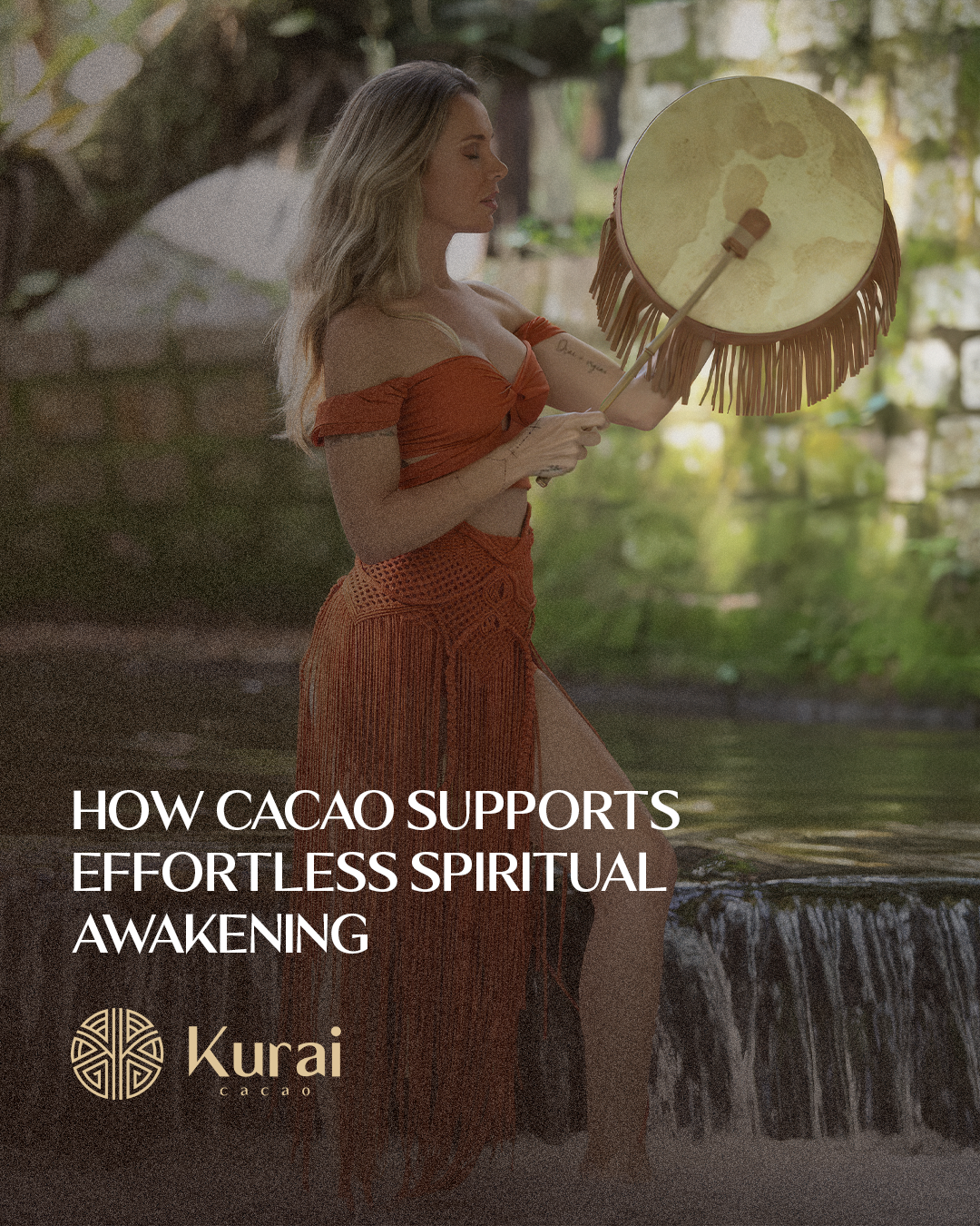 Woman in an orange dress holding a drum with a blurred natural background