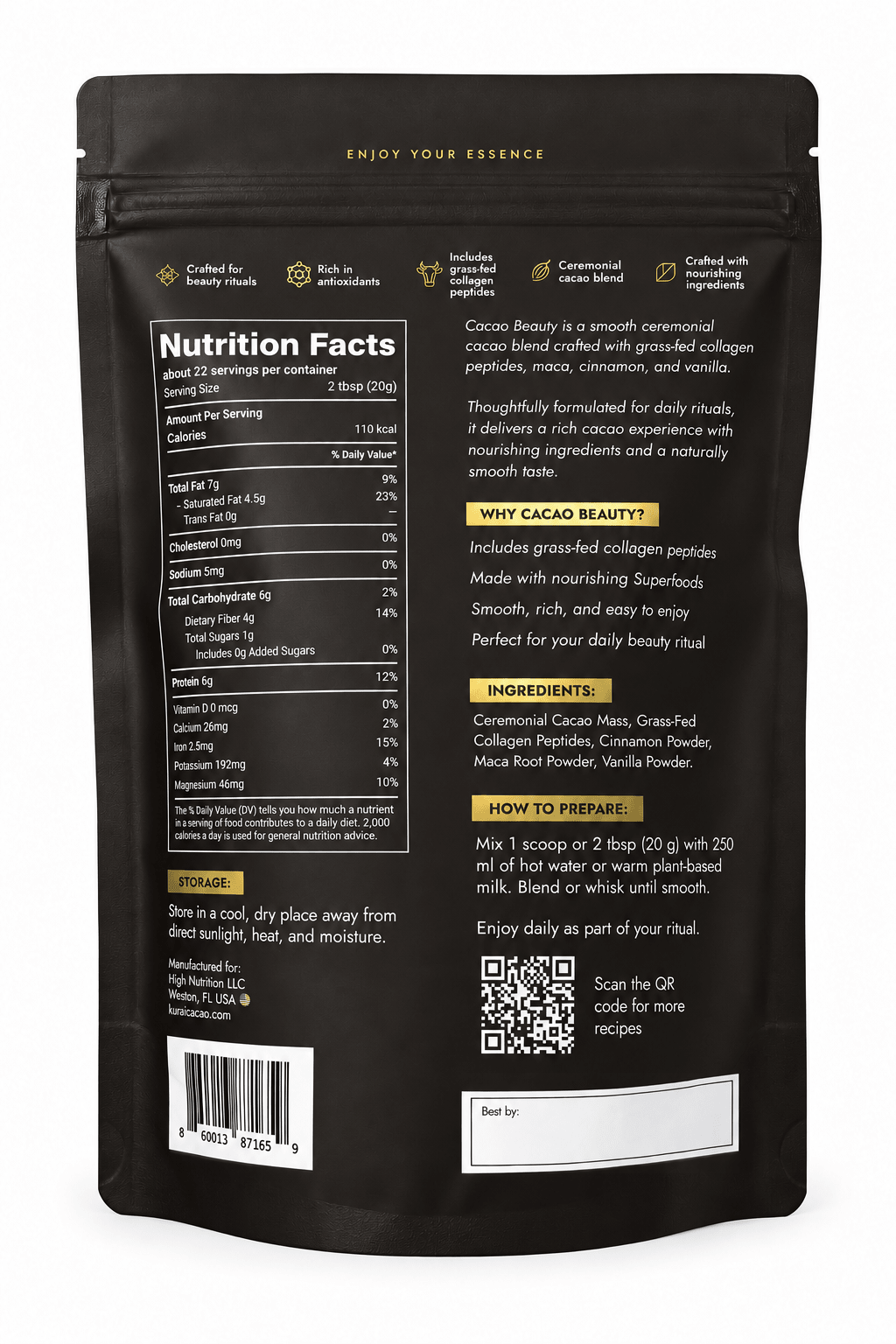 Kurai Beauty Ceremonial Cacao | Grass-Fed Collagen Peptides - Kurai CacaoKurai Beauty Ceremonial Cacao | Grass-Fed Collagen PeptidesKurai CacaoKurai Cacao8600138716353 ozBack of Kurai Cacao Beauty 16 oz pouch with ingredients and Nutrition Facts; Best by date field left blank