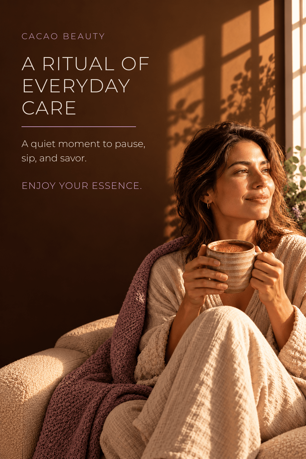Kurai Beauty Ceremonial Cacao | Grass-Fed Collagen Peptides - Kurai CacaoKurai Beauty Ceremonial Cacao | Grass-Fed Collagen PeptidesKurai CacaoKurai Cacao8600138716353 ozWoman holding a mug of Kurai Cacao Beauty by warm window light, with A Ritual of Everyday Care message