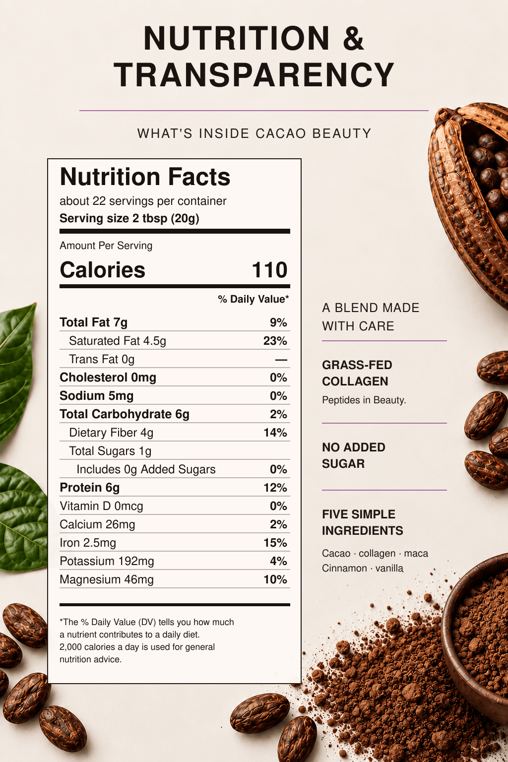 Kurai Beauty Ceremonial Cacao | Grass-Fed Collagen Peptides - Kurai CacaoKurai Beauty Ceremonial Cacao | Grass-Fed Collagen PeptidesKurai CacaoKurai Cacao8600138716353 ozKurai Cacao Beauty 16 oz nutrition facts and ingredient transparency, 110 calories per 20 g serving