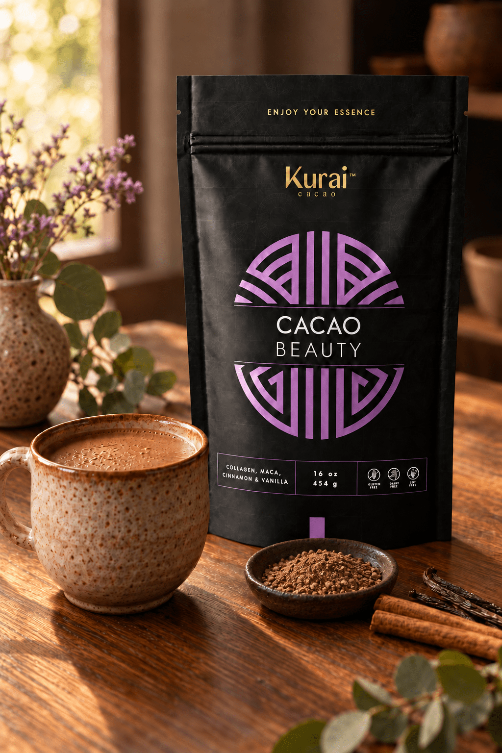Kurai Beauty Ceremonial Cacao | Grass-Fed Collagen Peptides - Kurai CacaoKurai Beauty Ceremonial Cacao | Grass-Fed Collagen PeptidesKurai CacaoKurai Cacao8600138716353 ozKurai Cacao Beauty 16 oz pouch, prepared cacao drink, and coarsely ground blend