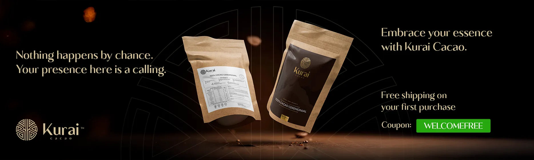 Two open bags of Kurai Cacao on a dark background with promotional text.