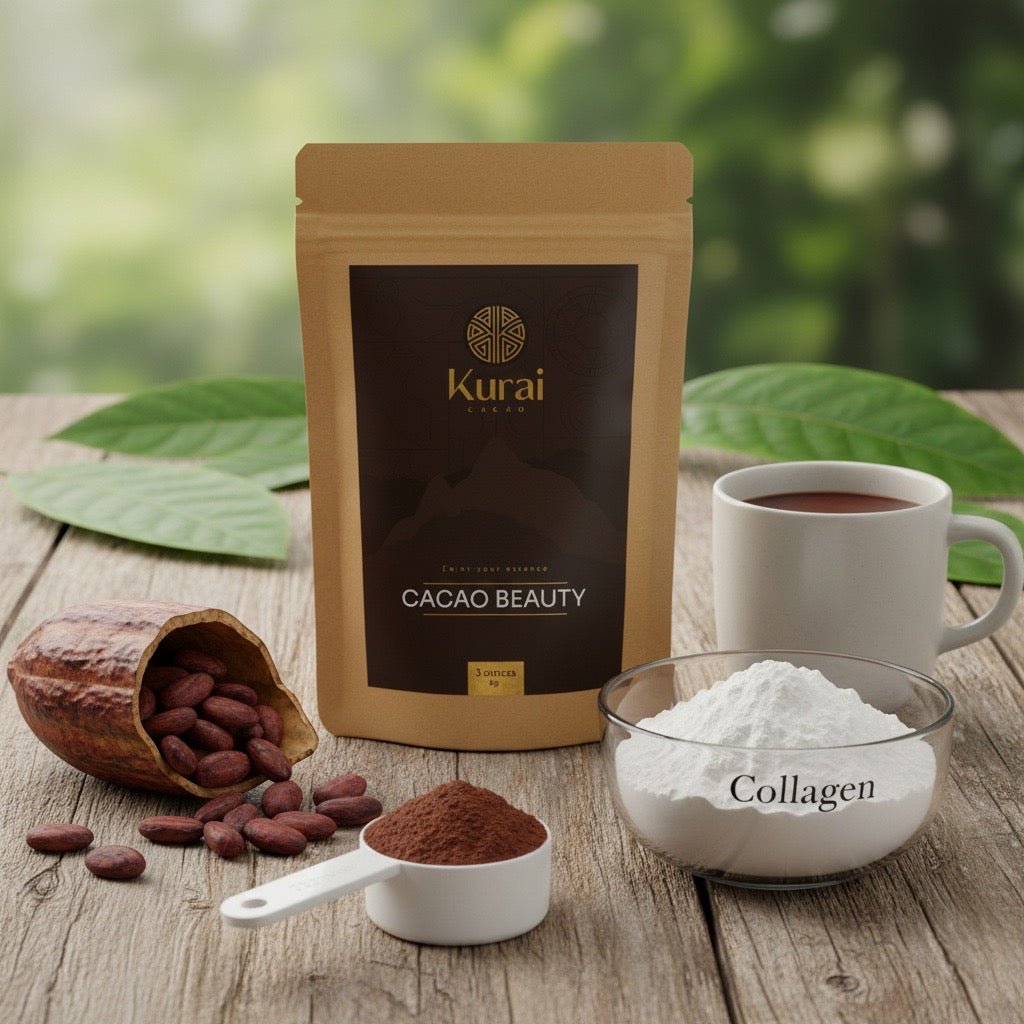 Kurai Cacao Beauty front view package with cacao beans, powder, collagen, and a cup of cacao