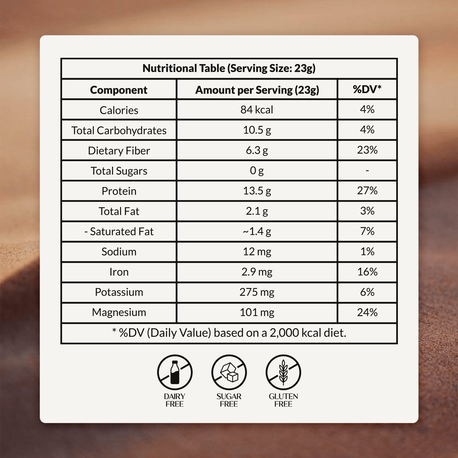 Kurai Cacao Beauty nutrition facts table with calories, macros, minerals and dietary icons.