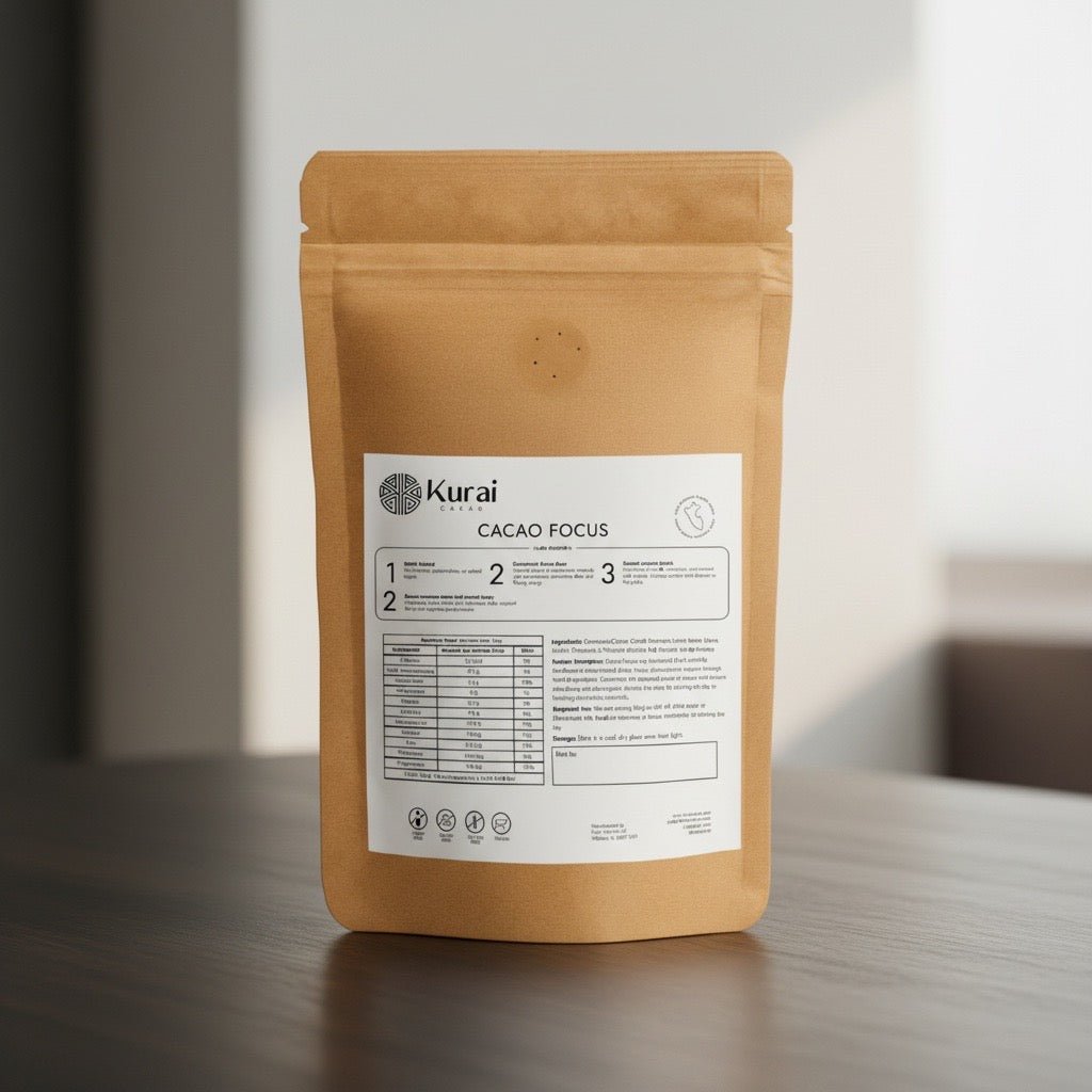 Kurai Cacao Focus back view package on a wooden surface with a blurred background