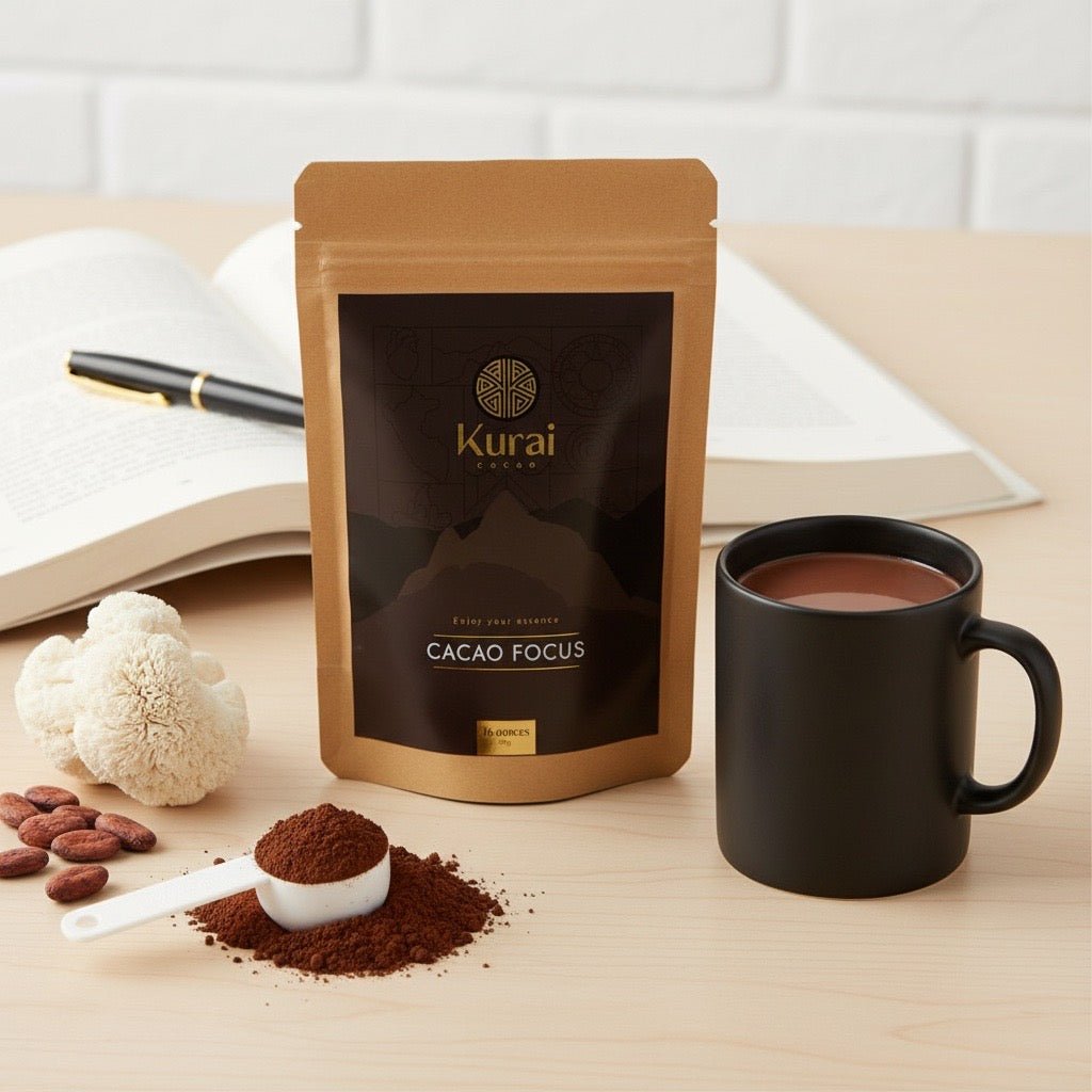 Kurai Cacao Focus front view packaging with a mug of cacao drink on a wooden surface with cacao and lion's mane