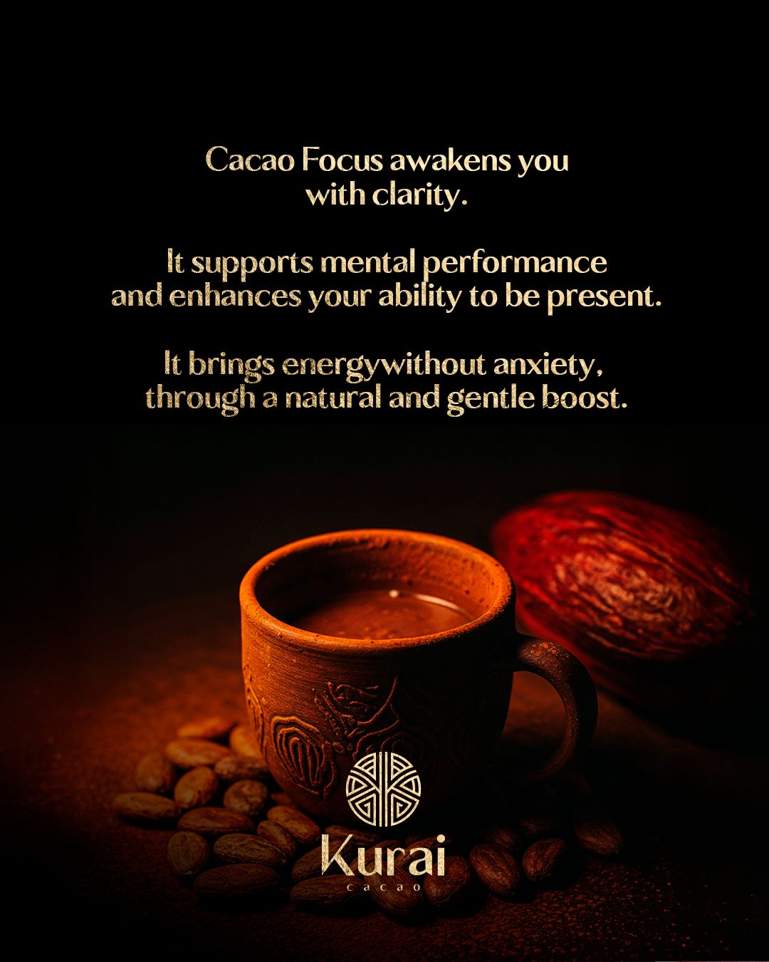Cacao Focus drink promotes clarity, supports mental performance, and provides energy boost, displayed in a crafted cup.
