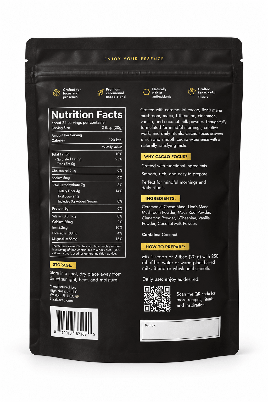 Kurai Focus Ceremonial Cacao | Lion's Mane & L-Theanine - Kurai CacaoKurai Focus Ceremonial Cacao | Lion's Mane & L-TheanineKurai CacaoKurai Cacao8600138716663 ozBack of Kurai Cacao Focus 16 oz pouch with Nutrition Facts and ingredients; Best by date field left blank