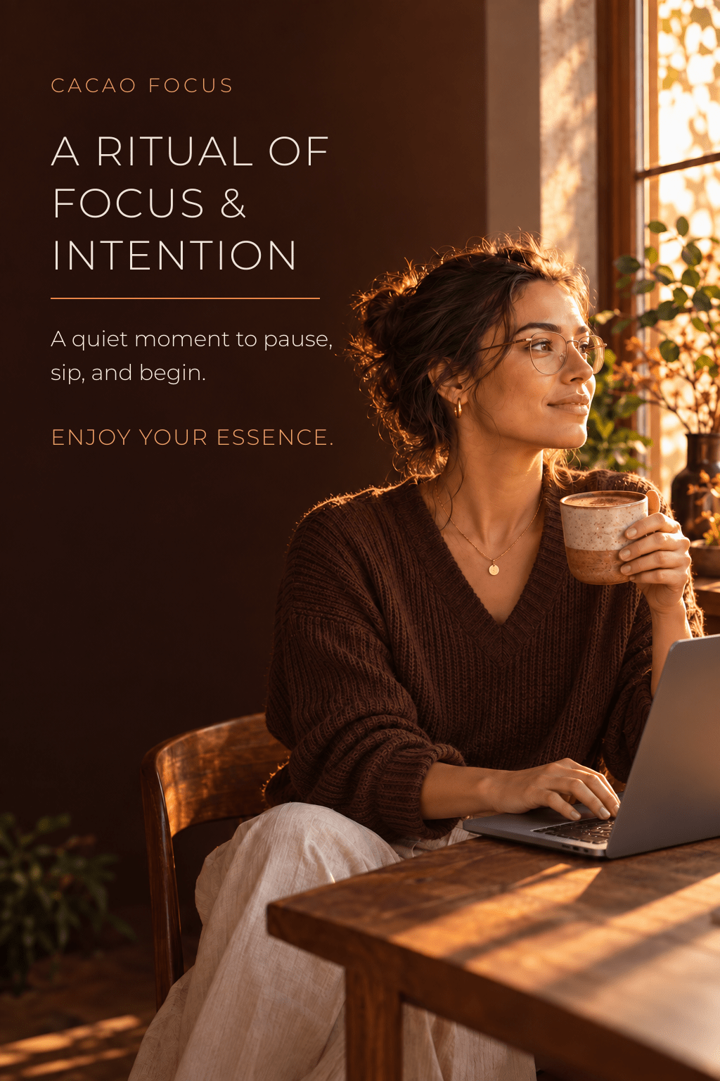 Kurai Focus Ceremonial Cacao | Lion's Mane & L-Theanine - Kurai CacaoKurai Focus Ceremonial Cacao | Lion's Mane & L-TheanineKurai CacaoKurai Cacao8600138716663 ozWoman wearing glasses, working at a laptop and holding a mug of Kurai Cacao Focus by warm window light with A Ritual of Focus and Intention message