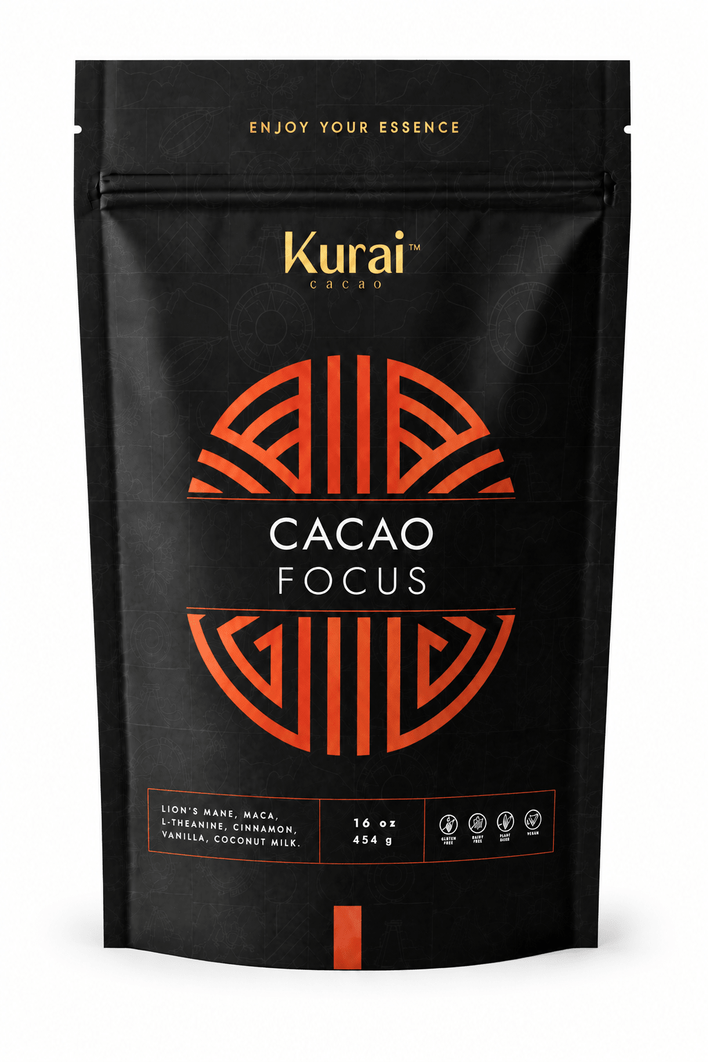 Kurai Focus Ceremonial Cacao | Lion's Mane & L-Theanine - Kurai CacaoKurai Focus Ceremonial Cacao | Lion's Mane & L-TheanineKurai CacaoKurai Cacao8600138716663 ozKurai Cacao Focus 16 oz package, orange metallic design, front view