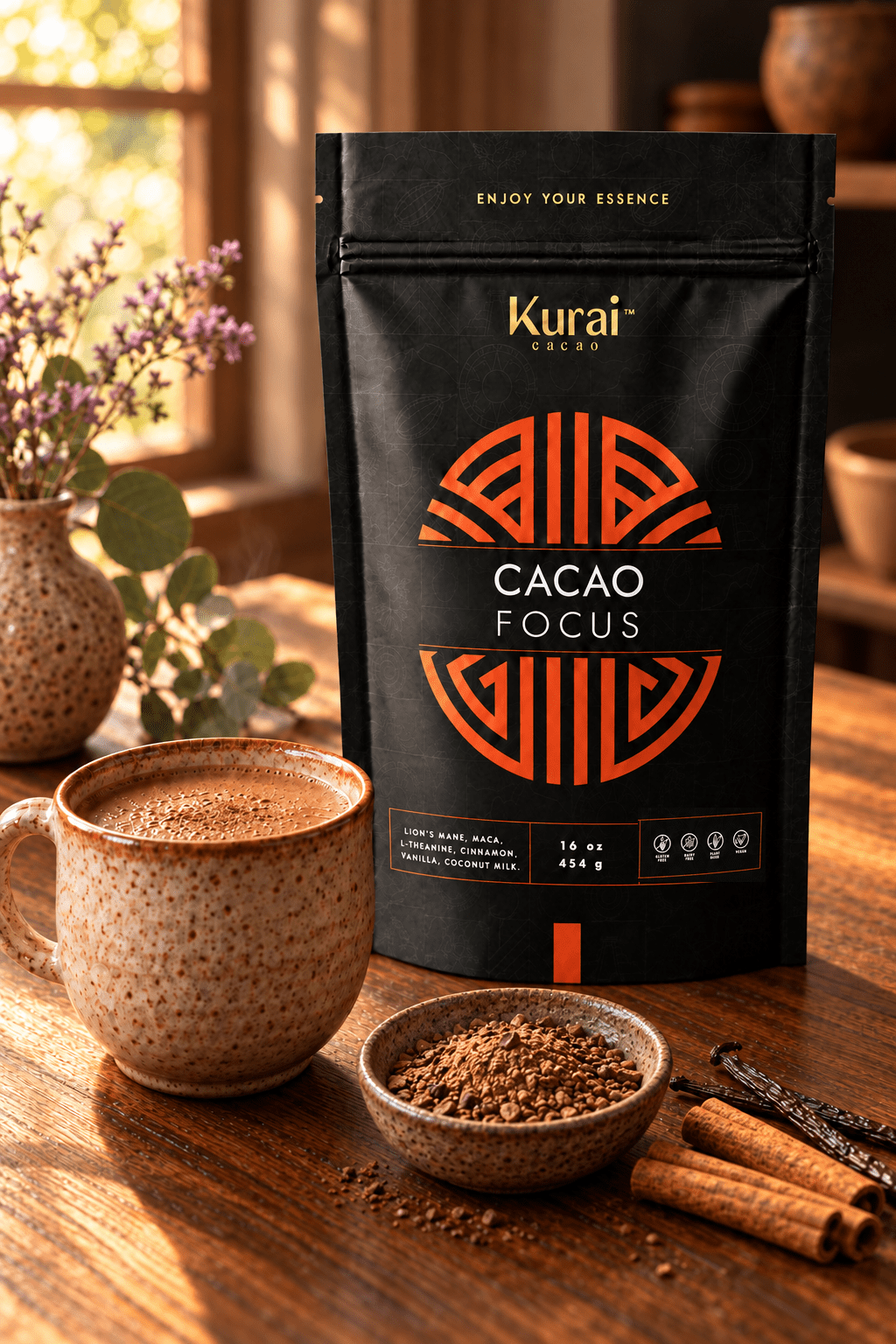 Kurai Focus Ceremonial Cacao | Lion's Mane & L-Theanine - Kurai CacaoKurai Focus Ceremonial Cacao | Lion's Mane & L-TheanineKurai CacaoKurai Cacao8600138716663 ozKurai Cacao Focus 16 oz pouch with four package symbols, prepared cacao drink and coarsely ground blend