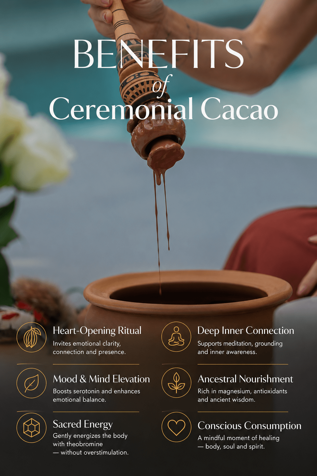 Kurai Pure Ceremonial Cacao | 100% Criollo Cacao from Peru - Kurai CacaoKurai Pure Ceremonial Cacao | 100% Criollo Cacao from PeruKurai CacaoKurai Cacao8600138716043 ozCeremonial cacao being poured into a pot with text about its benefits.