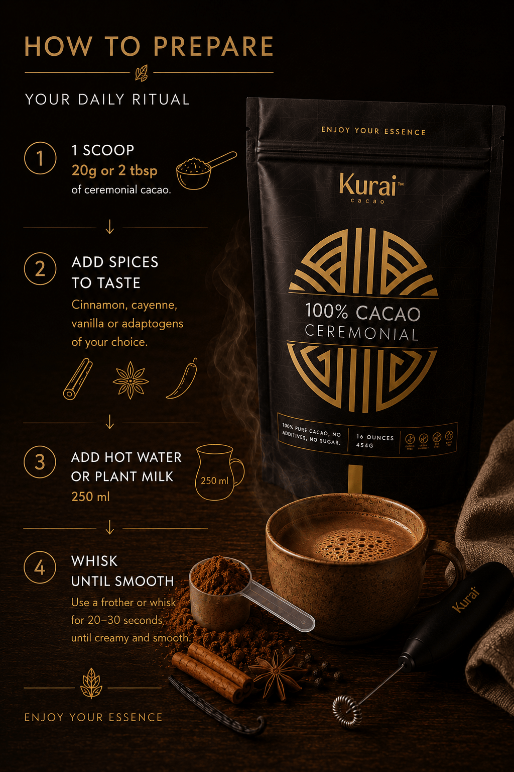 Kurai Pure Ceremonial Cacao | 100% Criollo Cacao from Peru - Kurai CacaoKurai Pure Ceremonial Cacao | 100% Criollo Cacao from PeruKurai CacaoKurai Cacao8600138716043 ozKurai Cacao Ceremonial packaging with preparation instructions on a dark background