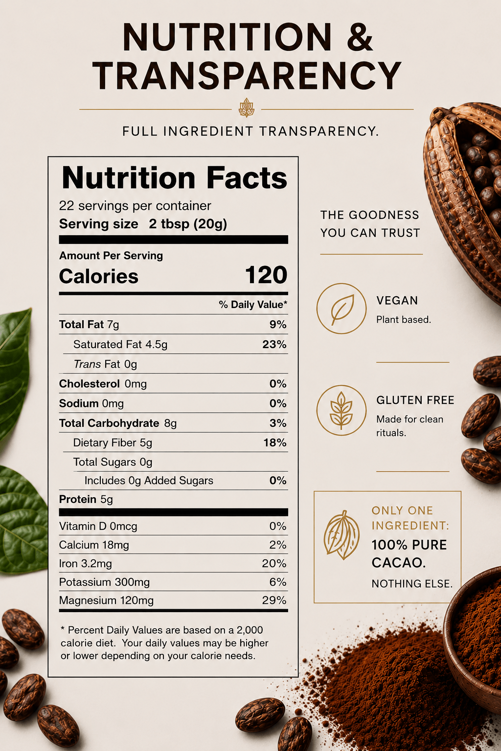 Kurai Pure Ceremonial Cacao | 100% Criollo Cacao from Peru - Kurai CacaoKurai Pure Ceremonial Cacao | 100% Criollo Cacao from PeruKurai CacaoKurai Cacao8600138716043 ozNutrition facts label for a product with ingredients and transparency details on a light background.