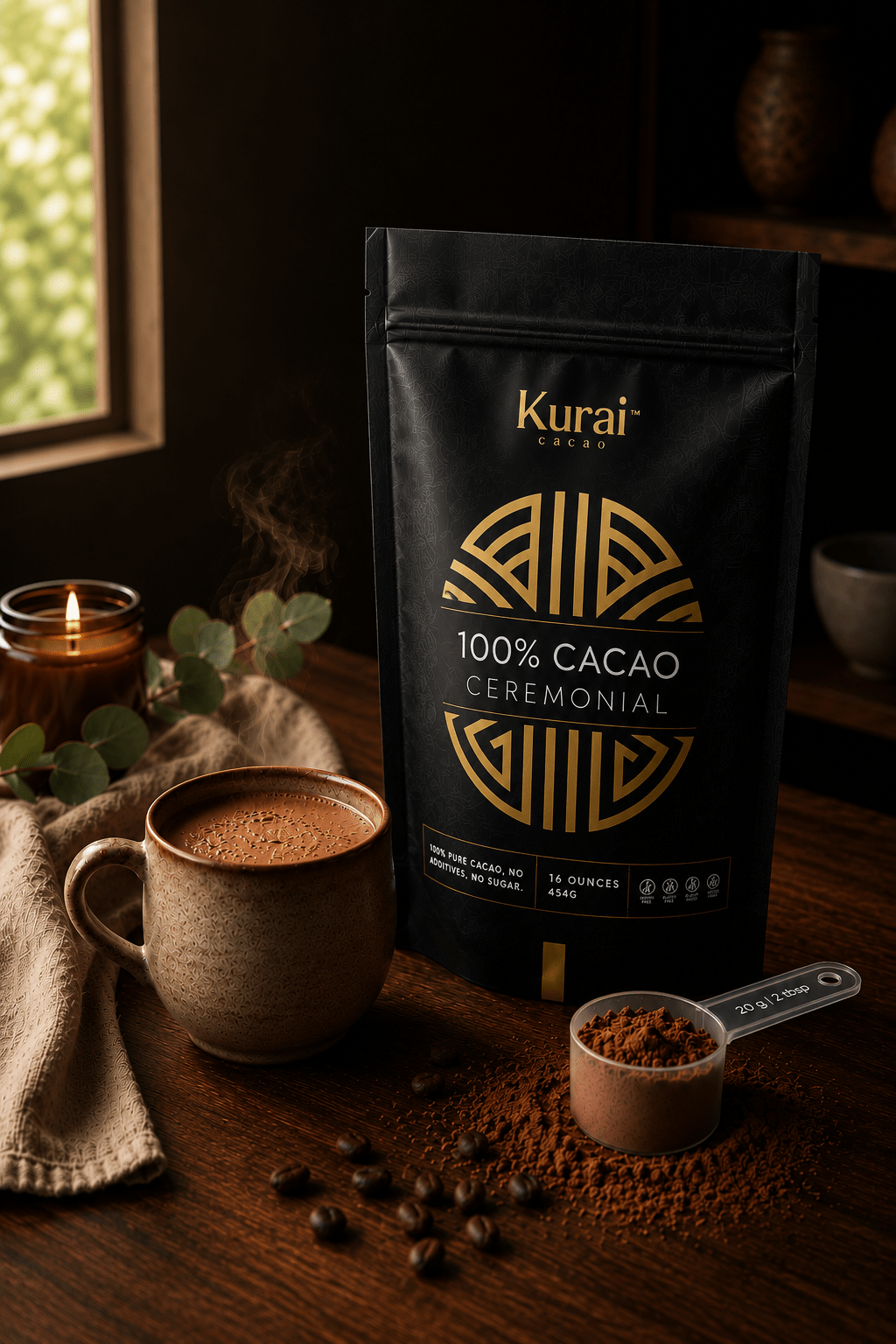 Kurai Pure Ceremonial Cacao | 100% Criollo Cacao from Peru - Kurai CacaoKurai Pure Ceremonial Cacao | 100% Criollo Cacao from PeruKurai CacaoKurai Cacao8600138716043 ozKurai 100% Cacao Ceremonial package with a cup of coffee and coffee beans on a wooden surface.