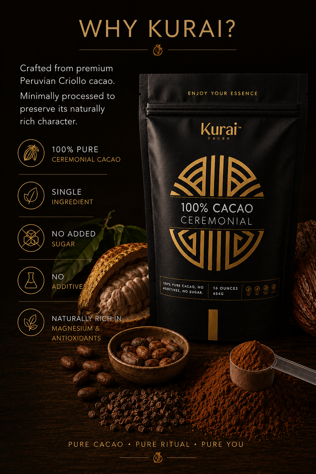 Kurai Pure Ceremonial Cacao | 100% Criollo Cacao from Peru - Kurai CacaoKurai Pure Ceremonial Cacao | 100% Criollo Cacao from PeruKurai CacaoKurai Cacao8600138716043 ozKurai cacao packaging with text Why Kurai? highlighting features on a dark background